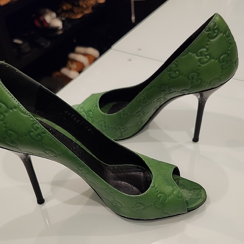 Gucci Green Embossed Peep-Toe Heels